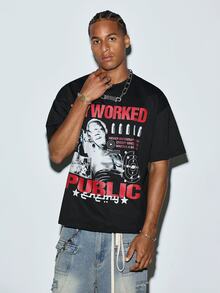 Modcrash Men's New Fashion Hip-Hop Figure & Slogan Print T-Shirt - Black - View 6