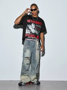 Modcrash Men's New Fashion Hip-Hop Figure & Slogan Print T-Shirt - Black - View 2