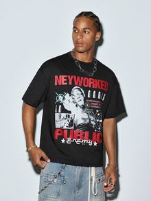 Modcrash Men's New Fashion Hip-Hop Figure & Slogan Print T-Shirt - Black - View 4