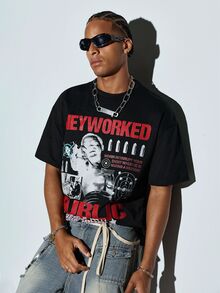 Modcrash Men's New Fashion Hip-Hop Figure & Slogan Print T-Shirt - Black - View 1