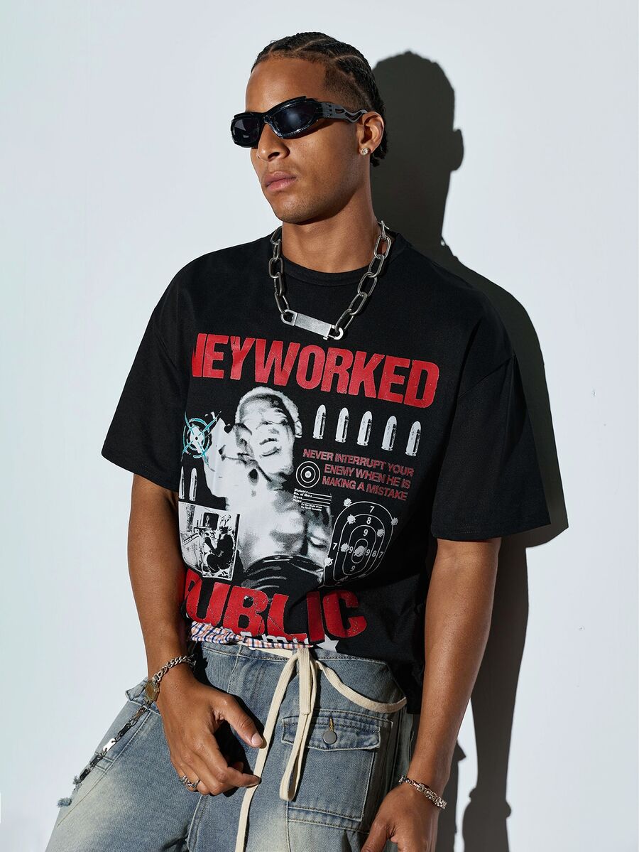 Modcrash Men's New Fashion Hip-Hop Figure & Slogan Print T-Shirt - Black - View 1