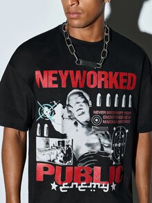 Modcrash Men's New Fashion Hip-Hop Figure & Slogan Print T-Shirt - Black - View 8