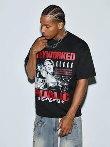 Modcrash Men's New Fashion Hip-Hop Figure & Slogan Print T-Shirt - Black - View 5