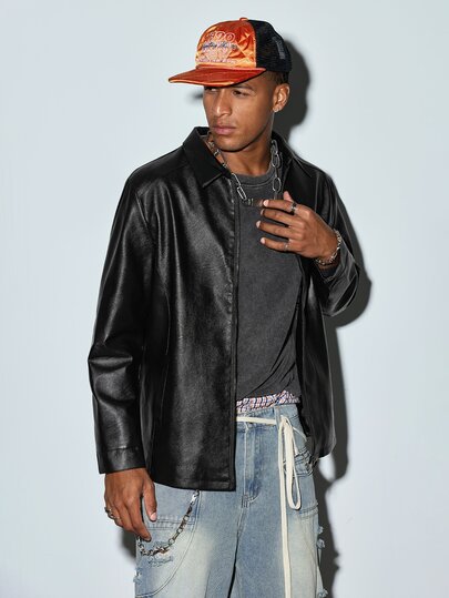 Modcrash Men's Autumn/Winter Fashion Casual Black Leather Jacket, Minimalist Versatile Stylish Lapel Leather Jacket Fall/Autumn/Winter