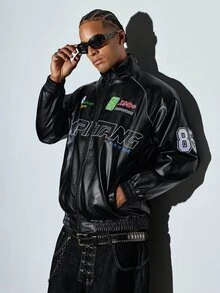 Modcrash Men's Spring/Autumn Embroidered Racing Style Fashion Casual Drop Shoulder Stand Collar Leather Jacket Fall/Autumn/Winter - Black - View 1