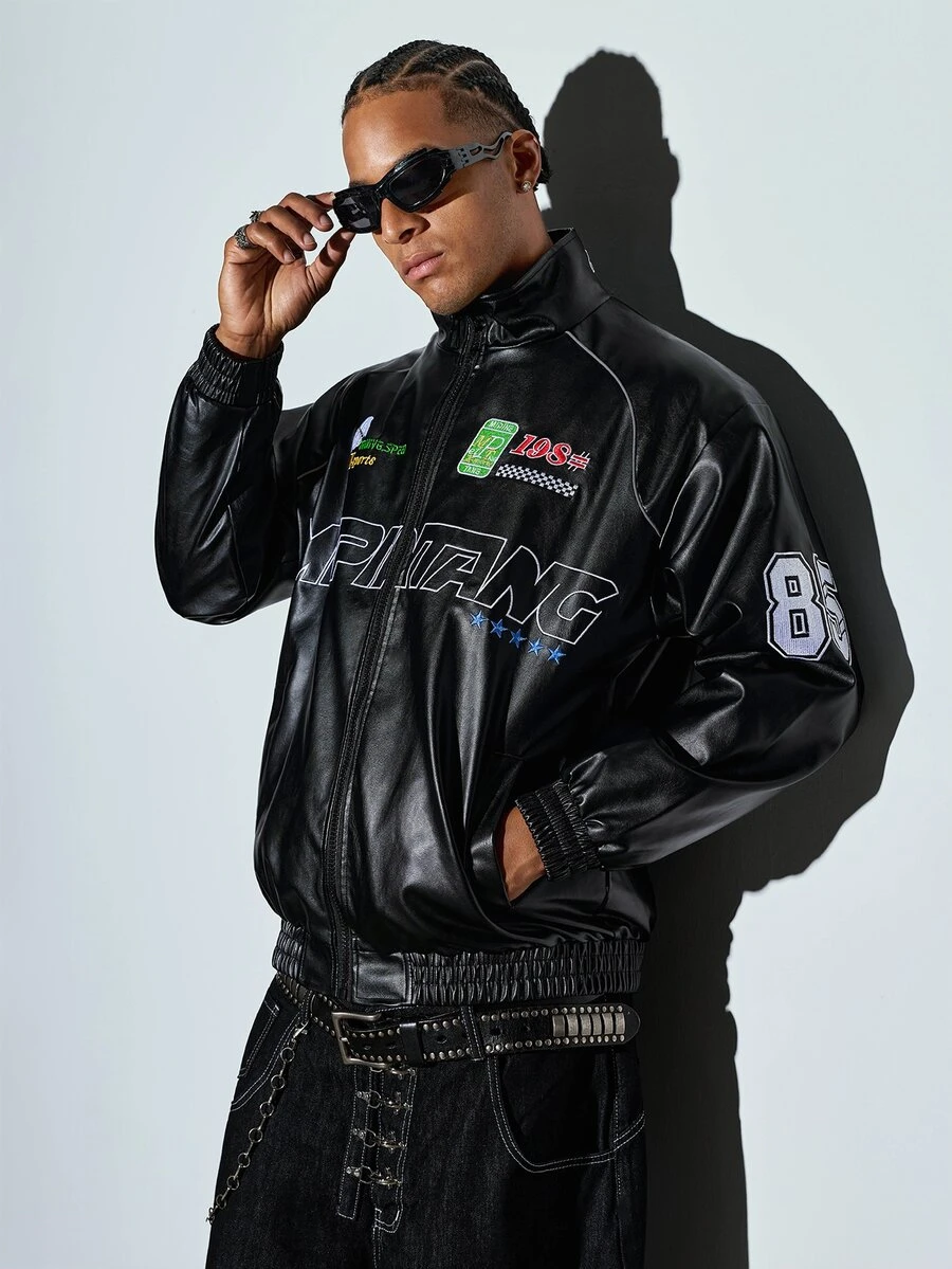 Modcrash Men's Spring/Autumn Embroidered Racing Style Fashion Casual Drop Shoulder Stand Collar Leather Jacket Fall/Autumn/Winter - Black - View 1