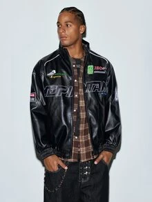 Modcrash Men's Spring/Autumn Embroidered Racing Style Fashion Casual Drop Shoulder Stand Collar Leather Jacket Fall/Autumn/Winter - Black - View 6