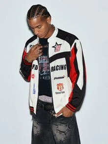 Modcrash Y2K retro racingjacka unisex med färgglatt patchworktryck, dragkedja, flightjacka, streetwear, speed motorcycle racingjacka, vintage hiphop baseballjacka, höst/vinter - Kaki - Visa 5