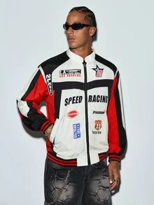 Modcrash Y2K retro racingjacka unisex med färgglatt patchworktryck, dragkedja, flightjacka, streetwear, speed motorcycle racingjacka, vintage hiphop baseballjacka, höst/vinter - Kaki - Visa 6