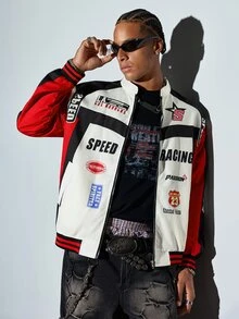 Modcrash Y2K retro racingjacka unisex med färgglatt patchworktryck, dragkedja, flightjacka, streetwear, speed motorcycle racingjacka, vintage hiphop baseballjacka, höst/vinter - Kaki - Visa 1
