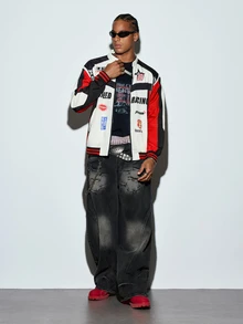 Modcrash Y2K retro racingjacka unisex med färgglatt patchworktryck, dragkedja, flightjacka, streetwear, speed motorcycle racingjacka, vintage hiphop baseballjacka, höst/vinter - Kaki - Visa 3