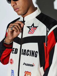 Modcrash Y2K retro racingjacka unisex med färgglatt patchworktryck, dragkedja, flightjacka, streetwear, speed motorcycle racingjacka, vintage hiphop baseballjacka, höst/vinter - Kaki - Visa 8