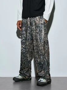 Modcrash Zrgoth Men's Jungle Camo Gothic Font Print Loose Wide Leg Pants, Hip Hop Street Casual Long Pants - Black - View 4