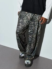Modcrash Zrgoth Men's Jungle Camo Gothic Font Print Loose Wide Leg Pants, Hip Hop Street Casual Long Pants - Black - View 6