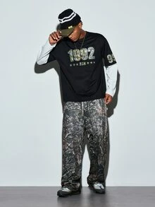 Modcrash Zrgoth Men's Jungle Camo Gothic Font Print Loose Wide Leg Pants, Hip Hop Street Casual Long Pants - Black - View 3