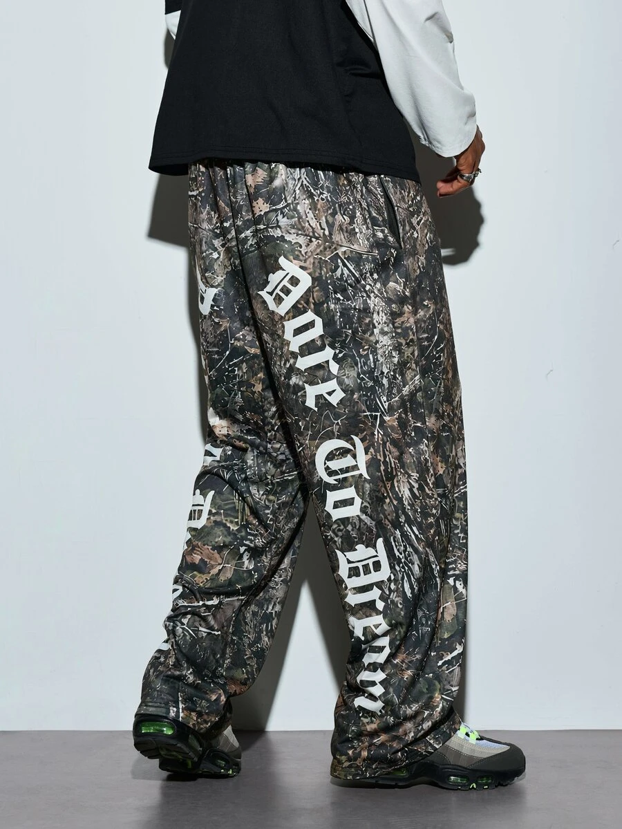 Modcrash Zrgoth Men's Jungle Camo Gothic Font Print Loose Wide Leg Pants, Hip Hop Street Casual Long Pants - Black - View 1