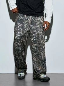 Modcrash Zrgoth Men's Jungle Camo Gothic Font Print Loose Wide Leg Pants, Hip Hop Street Casual Long Pants - Black - View 5