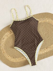 SHEIN Swim 春夏新款欧美风性感连体泳衣，高腰三角泳裤，海洋生物印花撞色细肩带，胸部褶皱设计，露背，女士/女孩连体泳衣，甜美海滩度假风，修身剪裁 - 彩色 - 查看 4