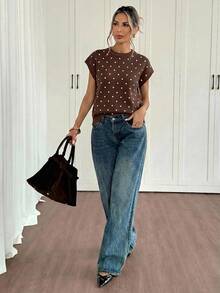 Siren Gaze Polka Dot Pattern Batwing Sleeve Knit Top - Brown - View 7