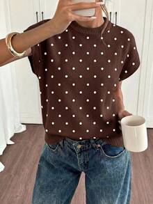 Siren Gaze Polka Dot Pattern Batwing Sleeve Knit Top - Brown - View 2