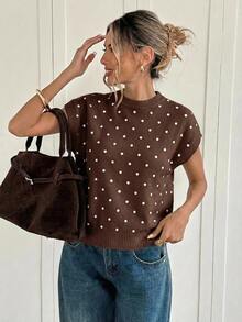 Siren Gaze Polka Dot Pattern Batwing Sleeve Knit Top - Brown - View 5