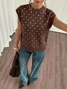 Siren Gaze Polka Dot Pattern Batwing Sleeve Knit Top - Brown - View 4