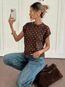 Siren Gaze Polka Dot Pattern Batwing Sleeve Knit Top - Brown - View 6