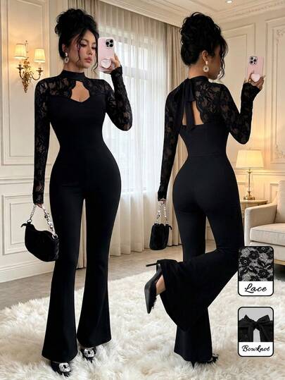 Elenzga Women's Autumn/Winter Black Contrast Lace Hollow Design Lace-Up Fitted Jumpsuit, High-End Elegant, Birthday Gift, Date, Party, Carnival, Music Festival, Cocktail Party, High Aura Outfit, Travel, Vacation, Street Photography, Atmosphere, Casual, Date, Gathering, Autumn Clothing, Winter Clothing, Autumn Jumpsuit, Winter Jumpsuit, Autumn/Winter New Essential Versatile Fashion Item