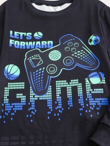 SHEIN 2件組兒童青少年男孩休閒日常舒適霓虹遊戲機與霓虹足球圖案圓領套頭睡衣上衣與長褲針織居家服緊身套裝 - 黑色 - 查看 4