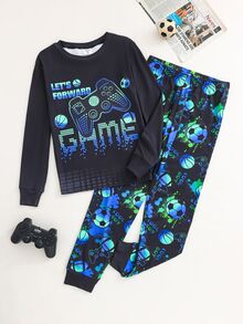 SHEIN 2件組兒童青少年男孩休閒日常舒適霓虹遊戲機與霓虹足球圖案圓領套頭睡衣上衣與長褲針織居家服緊身套裝 - 黑色 - 查看 3
