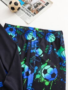 SHEIN 2件組兒童青少年男孩休閒日常舒適霓虹遊戲機與霓虹足球圖案圓領套頭睡衣上衣與長褲針織居家服緊身套裝 - 黑色 - 查看 5