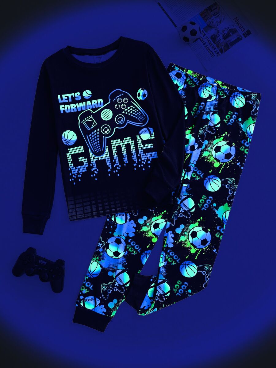 SHEIN 2pcs Kids Tween Boy Casual Daily Comfortable Neon Game Console And Neon Soccer Pattern Crew Neck Pullover Pajama Top And Pants Knit Loungewear Tight Set - Black - View 1