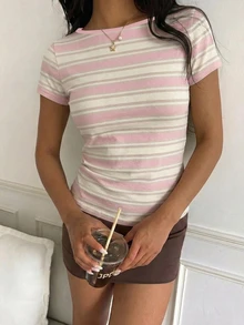 CovetEZ Casual Simple Pink Striped Print Pattern Women's T-Shirt Suitable For Summer - Multicolor - View 7