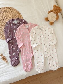 SHEIN 3-Pieces Set Newborn Baby Pajamas With Floral Print And Full Zipper - Pink - View 5