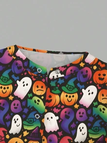 PopScrub Halloween Colorful Gradient Pumpkin Ghost Print Scrub Jacket, Spring/Summer Fashion With Ear-Loop Design Women's Nurse Uniform Top, Uniform Jacket, Playful Halloween Theme Black Top - Multicolor - View 6