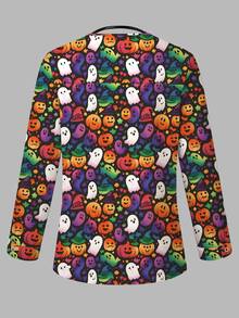 PopScrub Halloween Colorful Gradient Pumpkin Ghost Print Scrub Jacket, Spring/Summer Fashion With Ear-Loop Design Women's Nurse Uniform Top, Uniform Jacket, Playful Halloween Theme Black Top - Multicolor - View 2