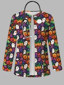 PopScrub Halloween Colorful Gradient Pumpkin Ghost Print Scrub Jacket, Spring/Summer Fashion With Ear-Loop Design Women's Nurse Uniform Top, Uniform Jacket, Playful Halloween Theme Black Top - Multicolor - View 1