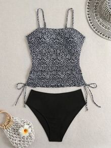 SHEIN Swim 女士吊带泳衣套装，泡泡纱面料碎花泳裤，配有可调节肩带，休闲沙滩度假吊带背心 - 黑色 - 查看 2
