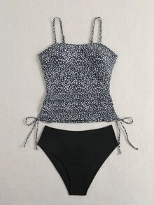 SHEIN Swim 女士吊带泳衣套装，泡泡纱面料碎花泳裤，配有可调节肩带，休闲沙滩度假吊带背心 - 黑色 - 查看 4