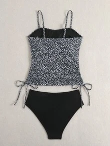 SHEIN Swim 女士吊带泳衣套装，泡泡纱面料碎花泳裤，配有可调节肩带，休闲沙滩度假吊带背心 - 黑色 - 查看 3