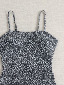 SHEIN Swim 女士吊带泳衣套装，泡泡纱面料碎花泳裤，配有可调节肩带，休闲沙滩度假吊带背心 - 黑色 - 查看 5