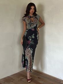 Aloruh Vintage Boho New Chinese Style Black Chinese Frog Button Print Mesh Bodycon Mini Dress - Multicolor - View 5