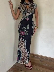 Aloruh Vintage Boho New Chinese Style Black Chinese Frog Button Print Mesh Bodycon Mini Dress - Multicolor - View 4