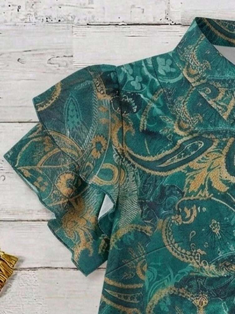 EMERY ROSE Thanksgiving Teacher's Day Vacation Style Plus Size Women's Paisley Vintage Floral Casual Loose V-Neck Double Layer Ruffle Flutter Sleeve Blouse Autumn/Winter New Arrival - Multicolor - View 3