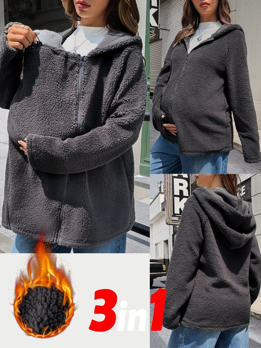SHEIN Jaket Hamil Musim Gugur/Dingin Hangat Berkerudung 3-in-1 - Grey - View 1