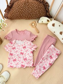 SHEIN Newborn Baby Girl 4 Pieces Set Cute Light Pink Knit Short Sleeve Pajama Set,Cartoon Bow Pattern Summer Sleepwear,Family Matching Baby Pj Clothes - Pink - View 5