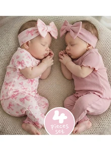 SHEIN Newborn Baby Girl 4 Pieces Set Cute Light Pink Knit Short Sleeve Pajama Set,Cartoon Bow Pattern Summer Sleepwear,Family Matching Baby Pj Clothes - Pink - View 1
