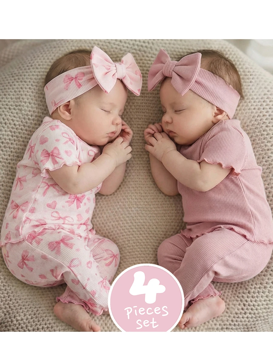 SHEIN Newborn Baby Girl 4 Pieces Set Cute Light Pink Knit Short Sleeve Pajama Set,Cartoon Bow Pattern Summer Sleepwear,Family Matching Baby Pj Clothes - Pink - View 1