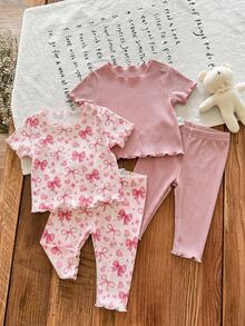 SHEIN Newborn Baby Girl 4 Pieces Set Cute Light Pink Knit Short Sleeve Pajama Set,Cartoon Bow Pattern Summer Sleepwear,Family Matching Baby Pj Clothes - Pink - View 3