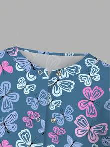 PopScrub Butterfly Cartoon Print Scrub Jacket,Fashion Cardigan With Hanging Ear Design For Women Nurse Scrub Top,Butterfly Pattern Haze Blue Top,Maid,Work - Multicolor - View 6